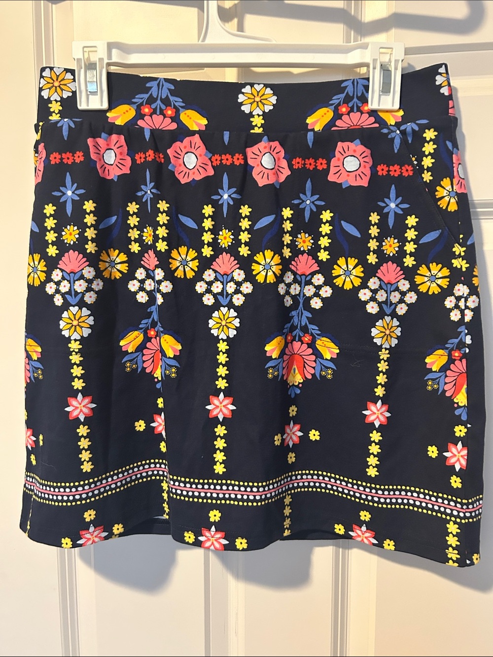 Floral Pattern Navy A-Line Skirt - Navy with Pink, Yellow & Blue